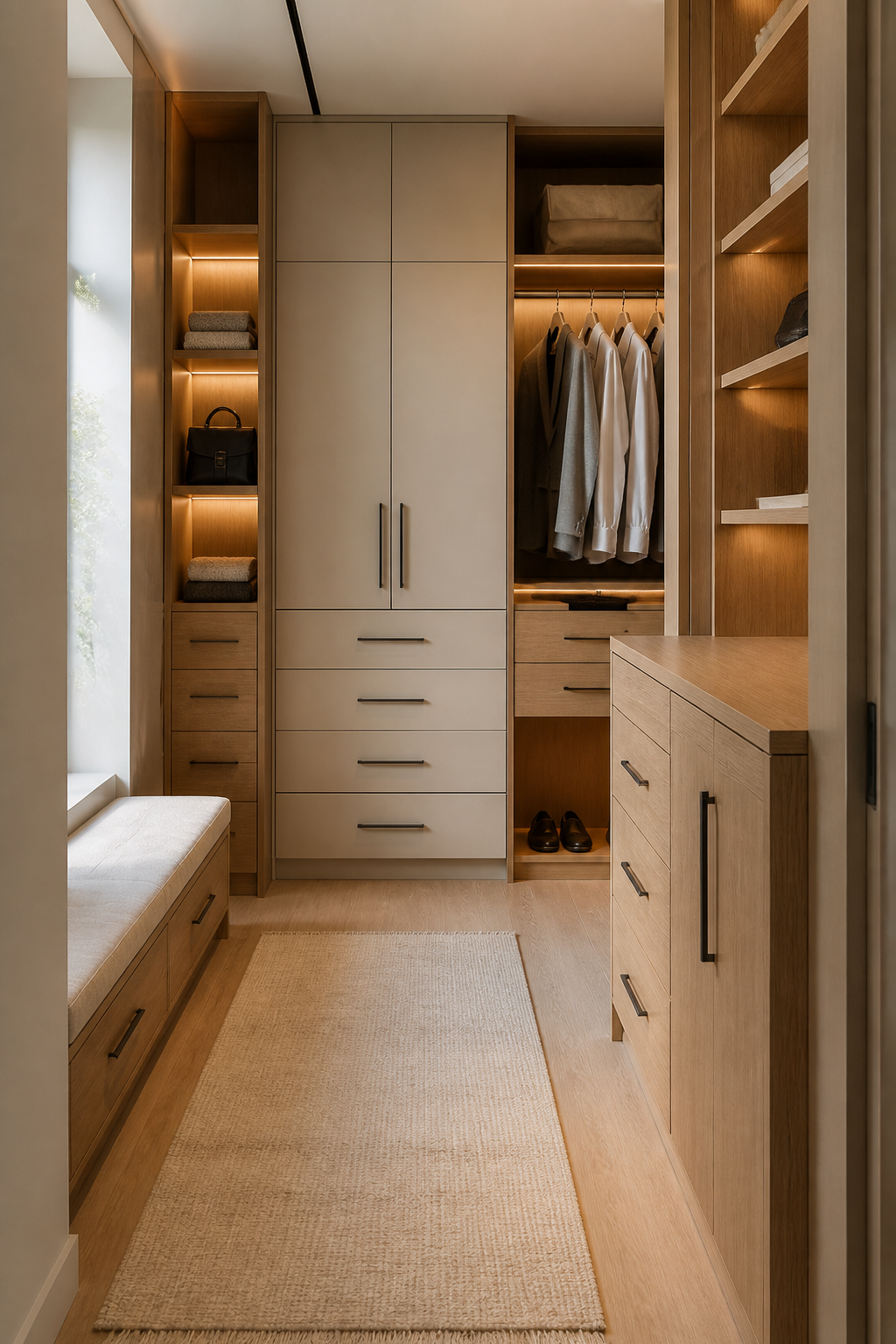 Acasă Imagine de concept: dressing realizat pe comandă în finisaje din lemn și crem