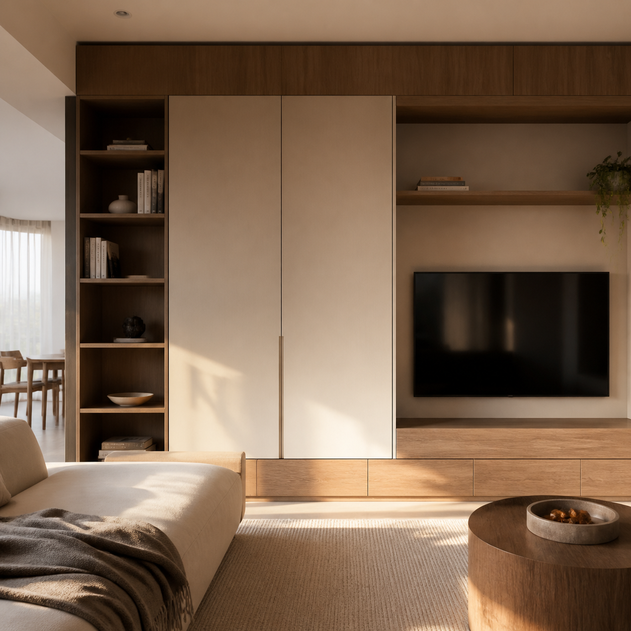 Acasă Imagine de concept: mobilier integrat pentru living în finisaje calde